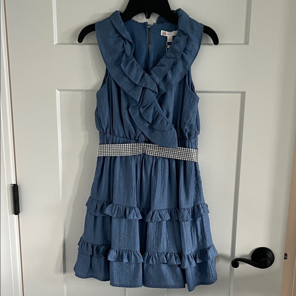 GB Girls Elegant Blue Ruffle Dress with Belt